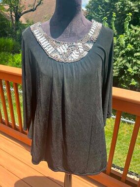 Slinky Brand Black Dress Top with Silver Sequins Size L